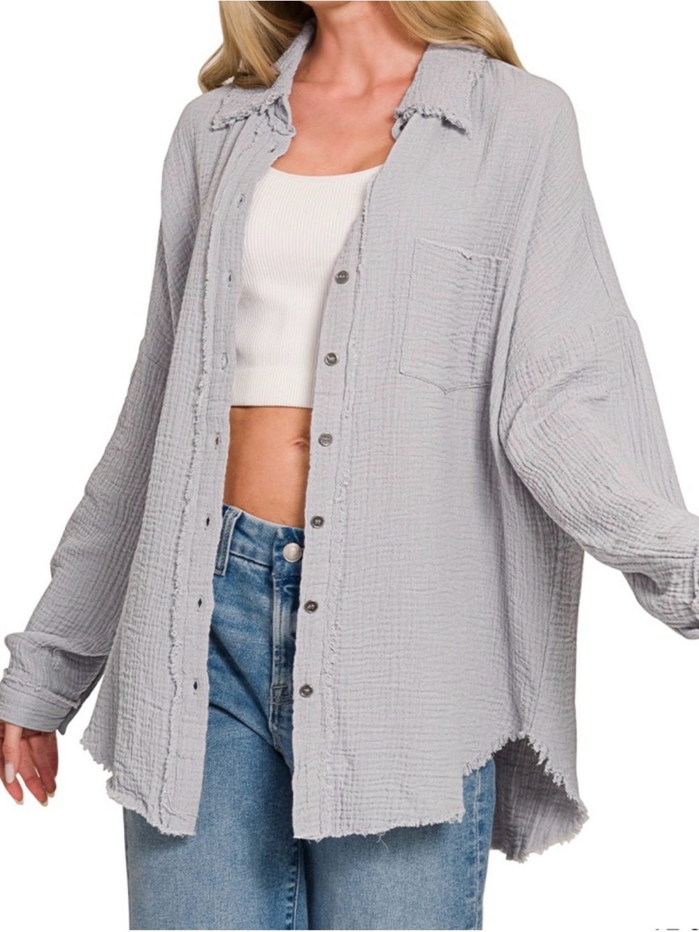 Zenana Outfitters Light Gray Cotton Gauze Oversized Button-Down Shirt NWT